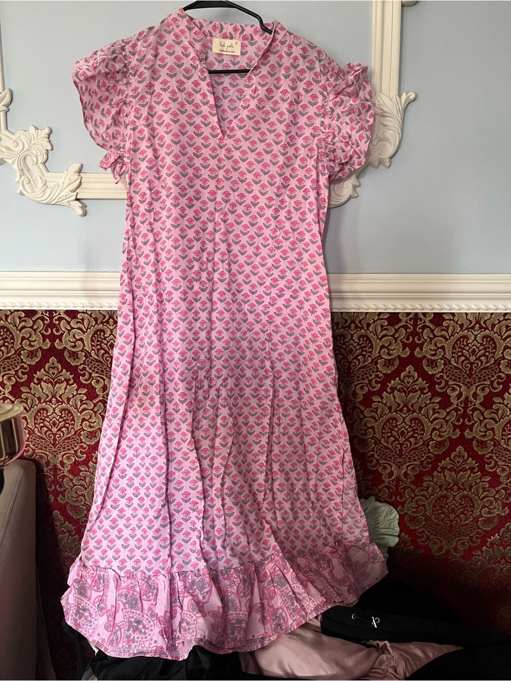 100% Cotton Pink Floral Summer Dress with Ruffle Hem